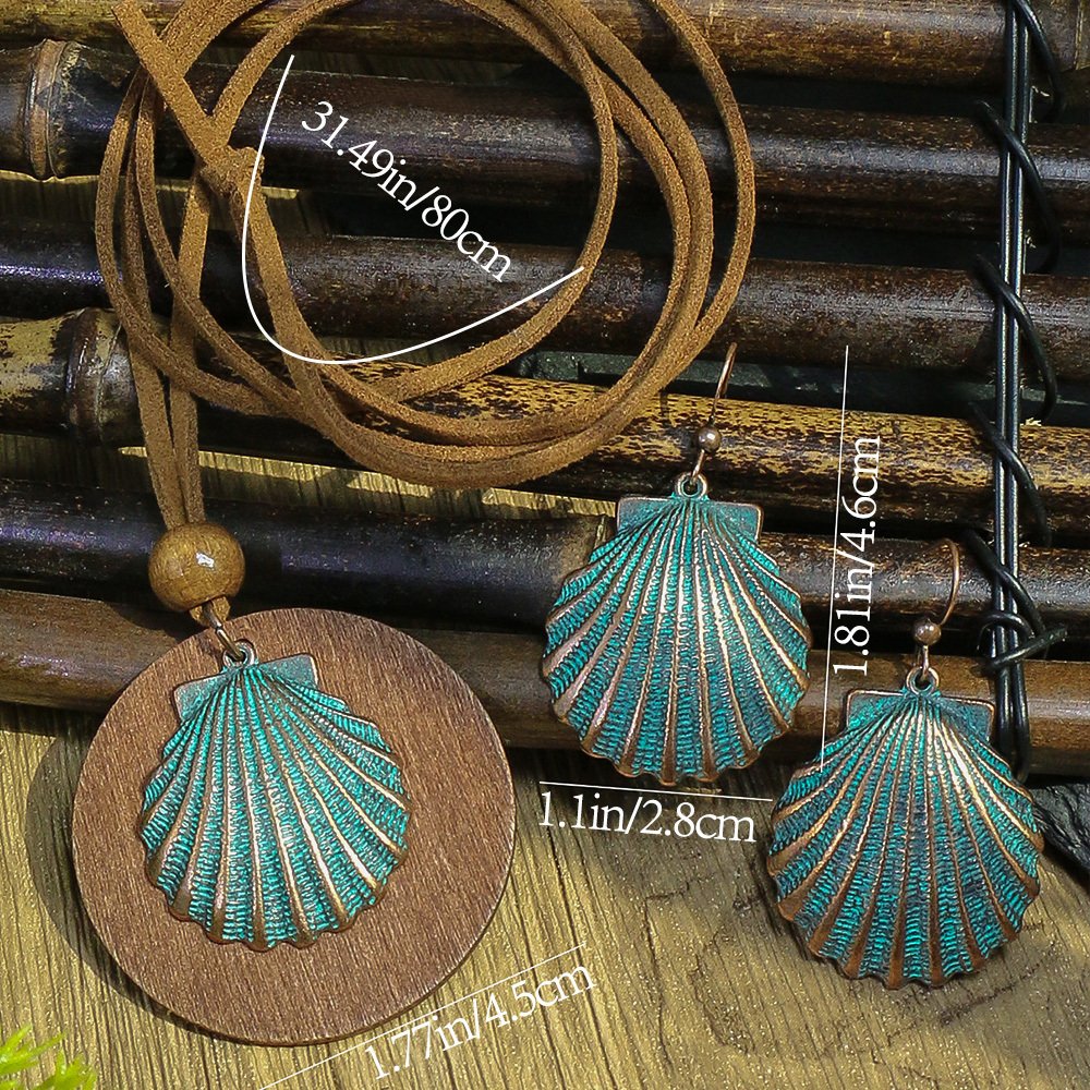 3pack Ancient Folk Wooden Round Plus Geometric Ancient Copper Layered Charm Earrings Necklace Set - Image 30