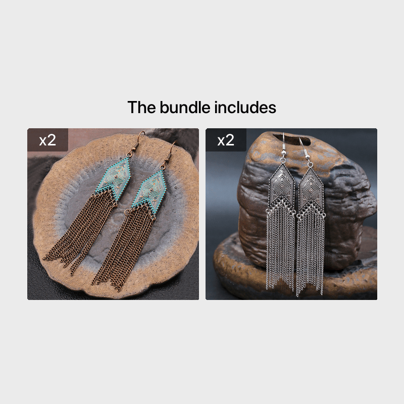 1 Pair Of Retro Style Bronze And Blue Geometric Chain Tassel Long Earrings Ethnic Style - Image 8