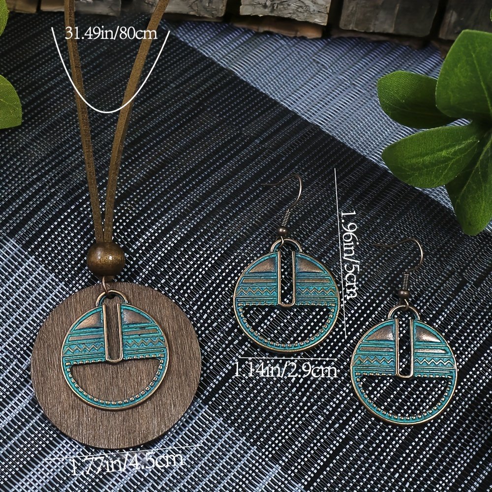 3pack Ancient Folk Wooden Round Plus Geometric Ancient Copper Layered Charm Earrings Necklace Set - Image 13