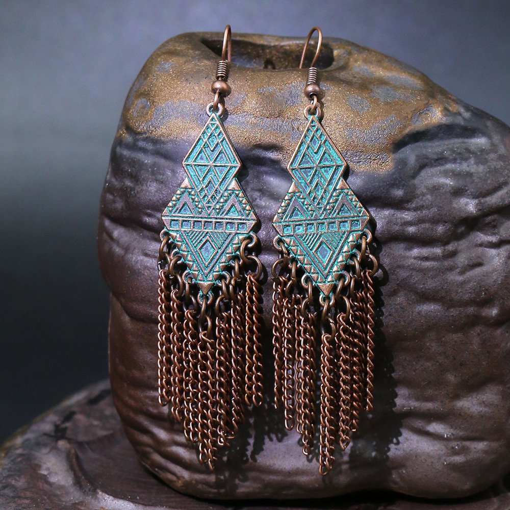1 Pair Of Retro Style Bronze And Blue Geometric Chain Tassel Long Earrings Ethnic Style - Image 24
