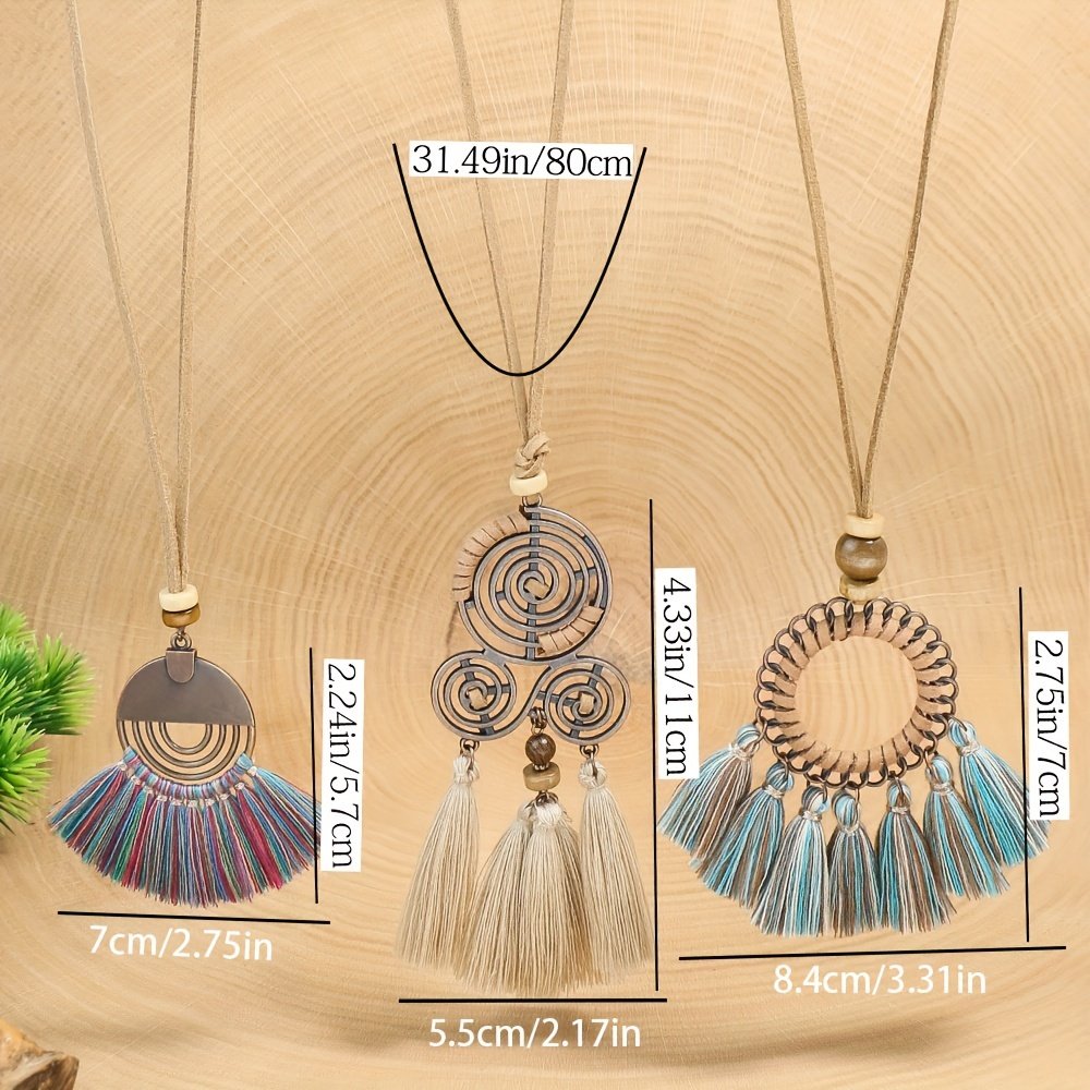 3pcs Boho Ethnic Long Sundry Colors Tassel Pendant Necklaces For Women Retro Rhinestone Drip Oil Alloy Necklace - Image 17