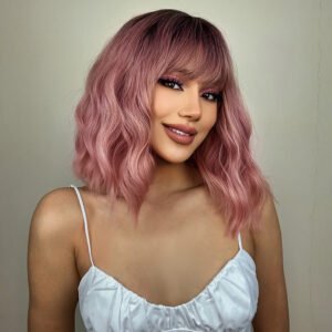 [Short Heat Resistant Curly Wigs] Gradient Pink Bob Wigs For Women Curly Wavy Wigs With Bangs Short Heat Resistant Synthetic Wigs For Party Costume Daily Wear Colorful Wigs Music Festival
