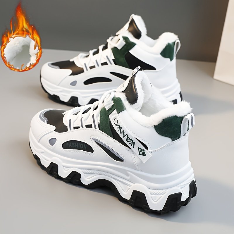 Chunky Color-block Thick Sole Sneakers - Women's Casual Plus Size Anti-slip Running Shoes with Warm Plush Lined - Image 5