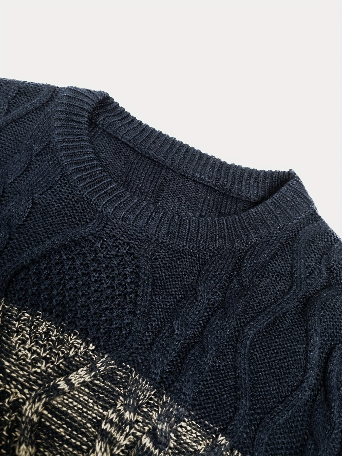 All Match Knitted Cable Sweater, Men's Casual Color Block Design Warm Slightly Stretch Crew Neck Pullover Sweater For Fall Winter - Image 7