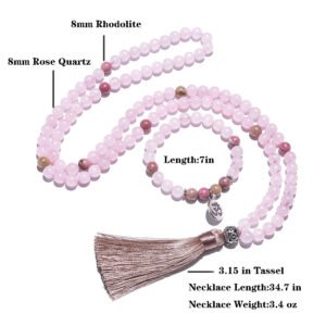 Elegant Bohemian 8mm Rose Quartz 108 Mala Bead Necklace Set with Tassel - Perfect for Daily Wear & Gifting, All-Season Versatile