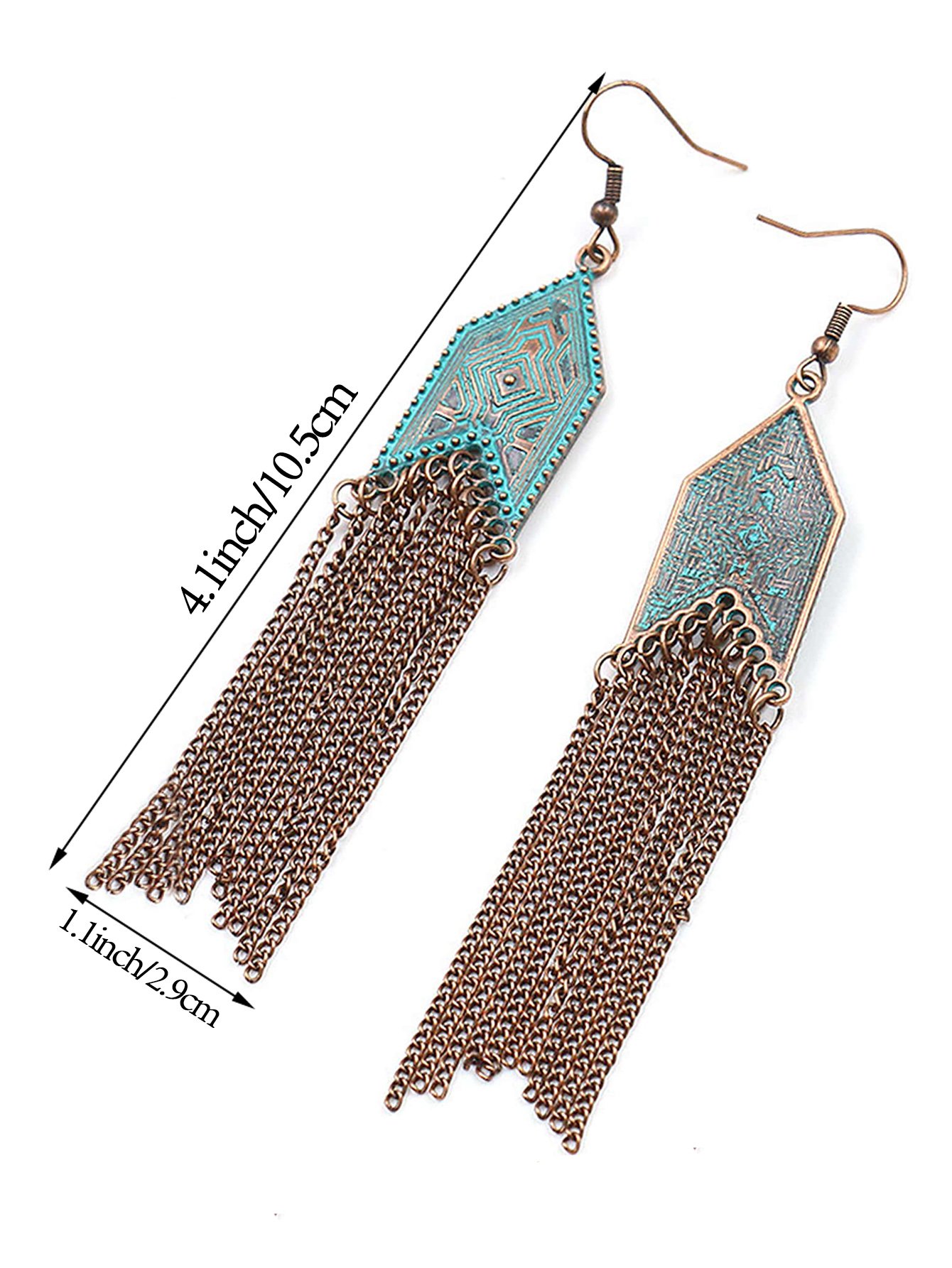 1 Pair Of Retro Style Bronze And Blue Geometric Chain Tassel Long Earrings Ethnic Style - Image 23