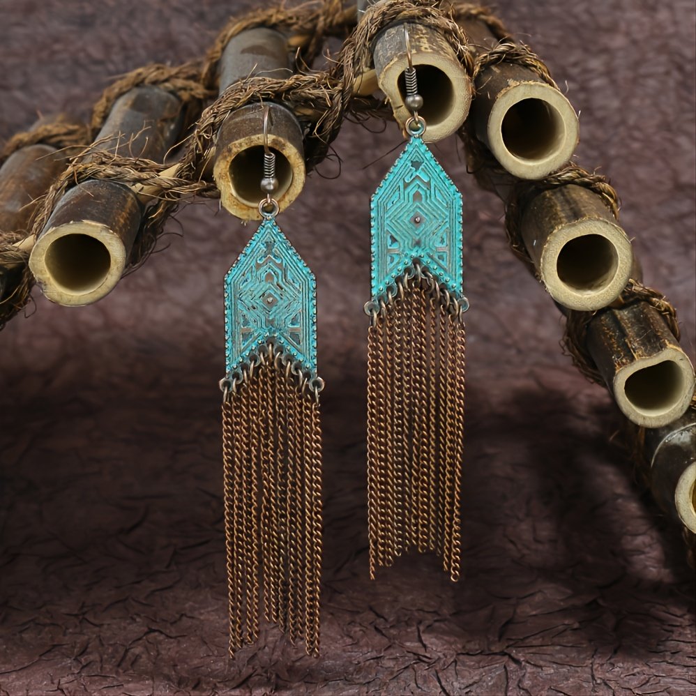 1 Pair Of Retro Style Bronze And Blue Geometric Chain Tassel Long Earrings Ethnic Style - Image 4