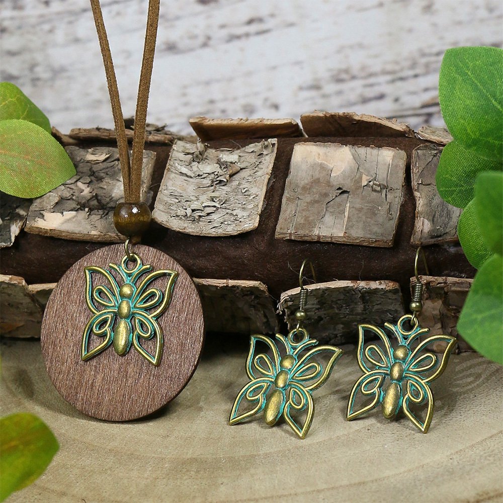 3pack Ancient Folk Wooden Round Plus Geometric Ancient Copper Layered Charm Earrings Necklace Set - Image 32