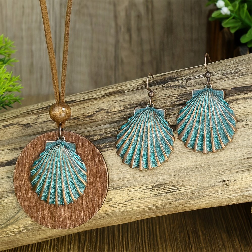 3pack Ancient Folk Wooden Round Plus Geometric Ancient Copper Layered Charm Earrings Necklace Set - Image 12