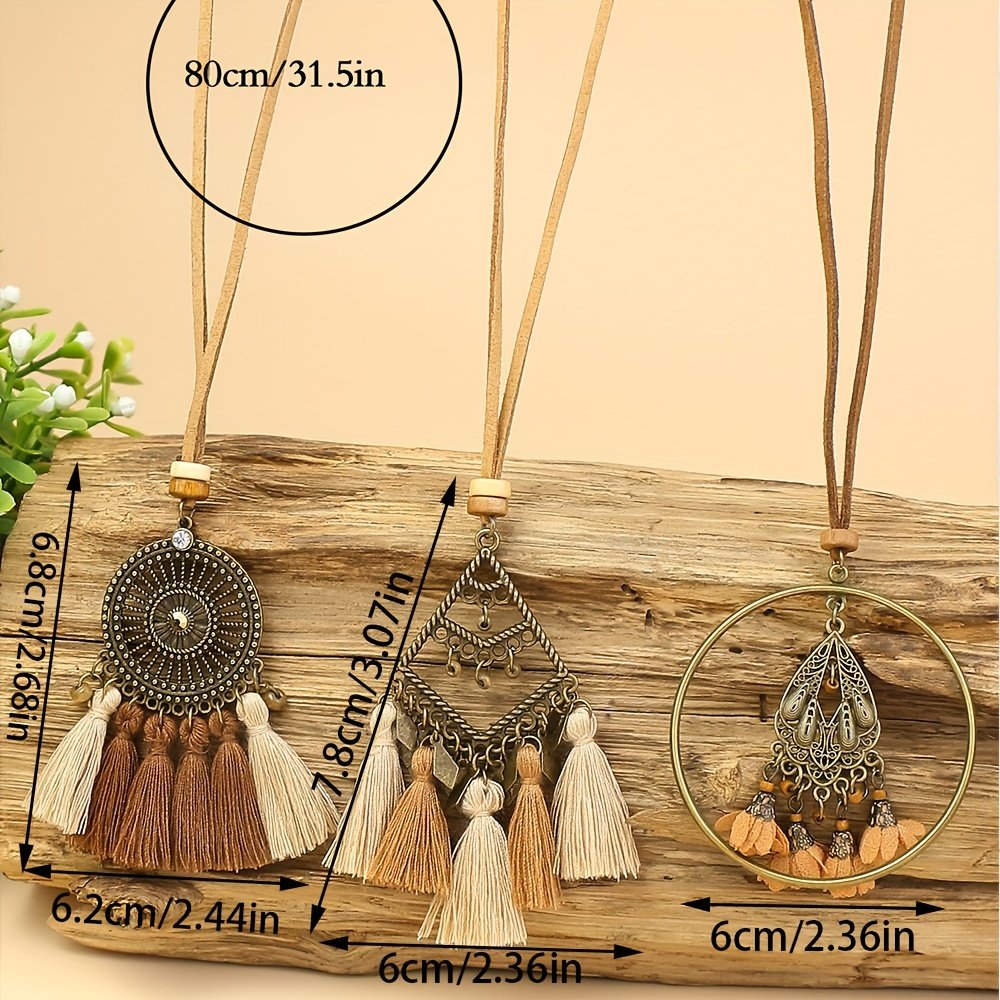 3pcs Boho Ethnic Long Sundry Colors Tassel Pendant Necklaces For Women Retro Rhinestone Drip Oil Alloy Necklace - Image 19