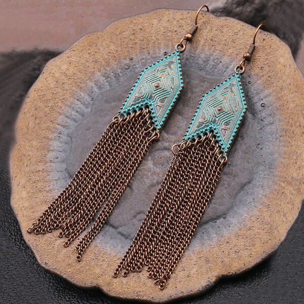 1 Pair Of Retro Style Bronze And Blue Geometric Chain Tassel Long Earrings Ethnic Style - Image 5
