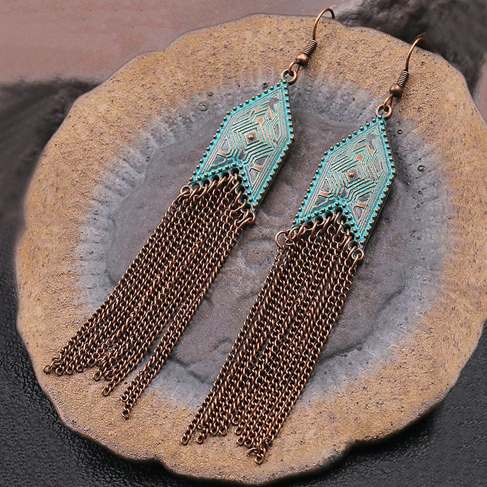 1 Pair Of Retro Style Bronze And Blue Geometric Chain Tassel Long Earrings Ethnic Style - Image 5