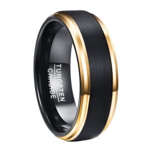 Golden Edge Tungsten Ring - 8mm Width, Black Matte Surface, USA Size 7-15, Vacuum Plating for Men