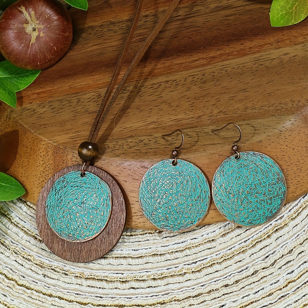 3pack Ancient Folk Wooden Round Plus Geometric Ancient Copper Layered Charm Earrings Necklace Set - Image 15
