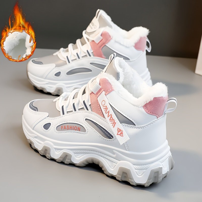 Chunky Color-block Thick Sole Sneakers - Women's Casual Plus Size Anti-slip Running Shoes with Warm Plush Lined - Image 6