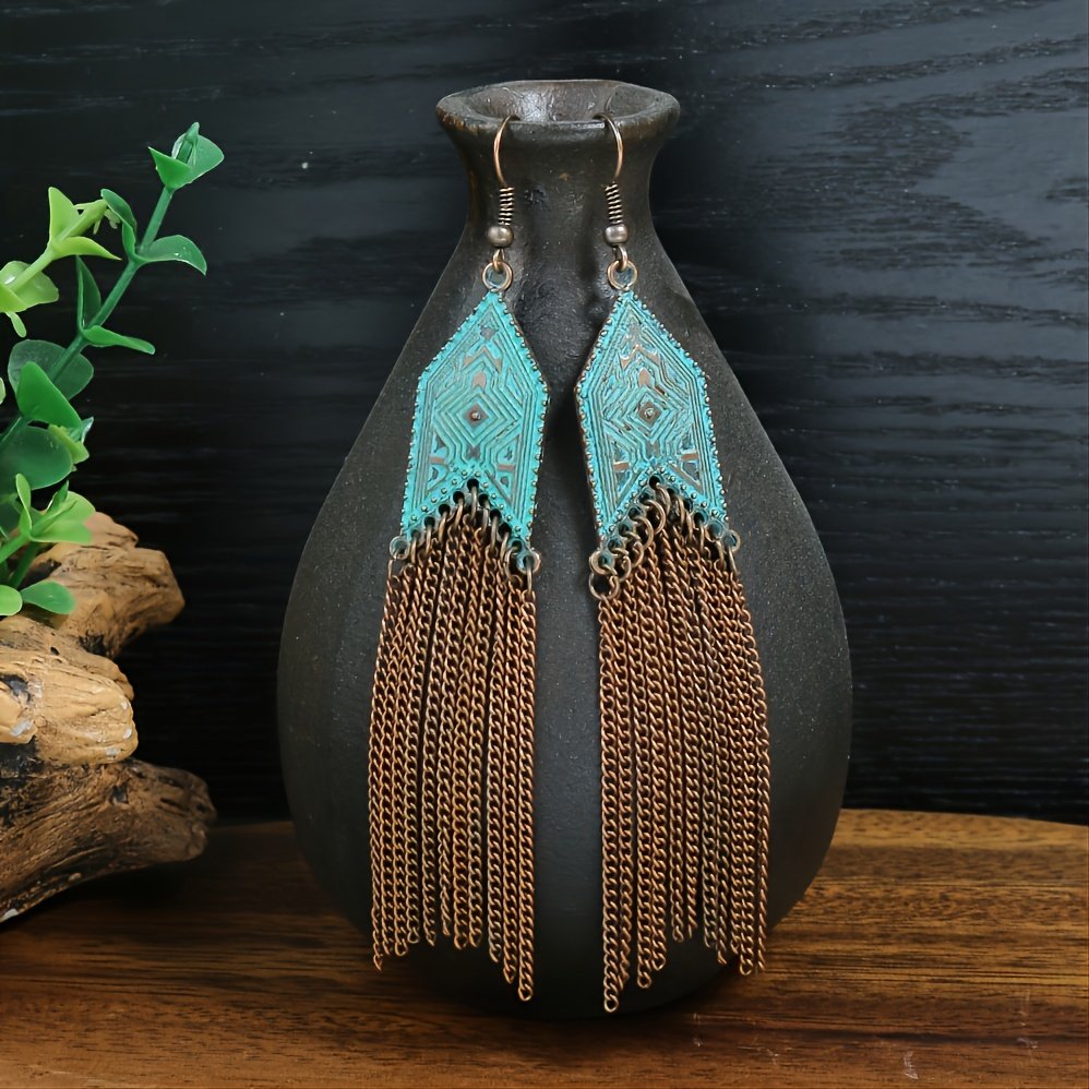 1 Pair Of Retro Style Bronze And Blue Geometric Chain Tassel Long Earrings Ethnic Style - Image 2