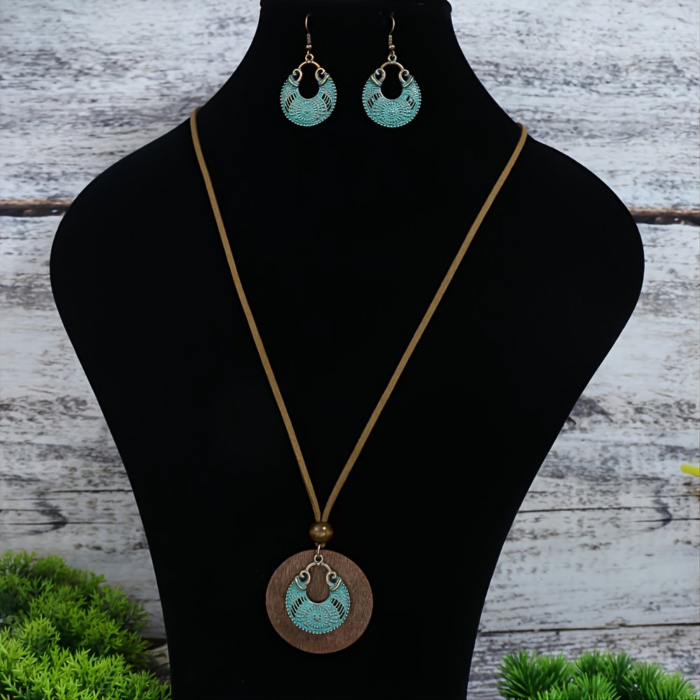 3pack Ancient Folk Wooden Round Plus Geometric Ancient Copper Layered Charm Earrings Necklace Set - Image 4