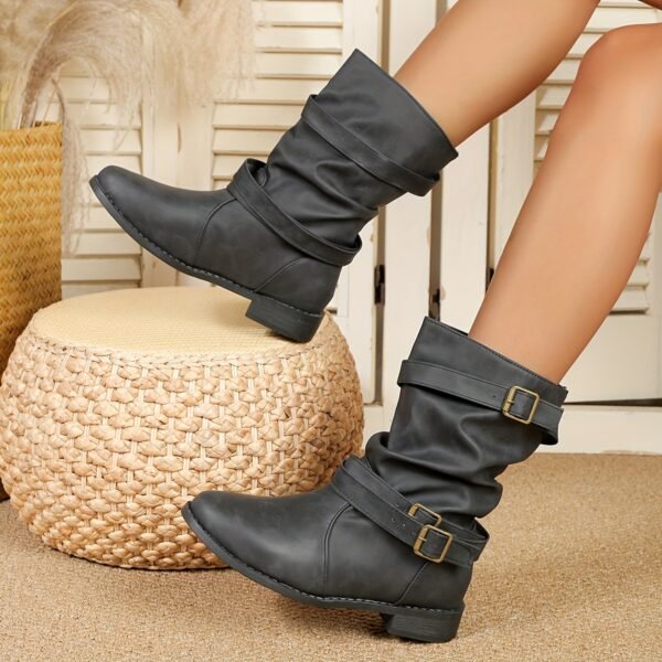 Ruched Buckle Decor Mid Calf Boots For Women, Solid Color Retro Women's Cowboy Boots, Western Short Boots - Image 6