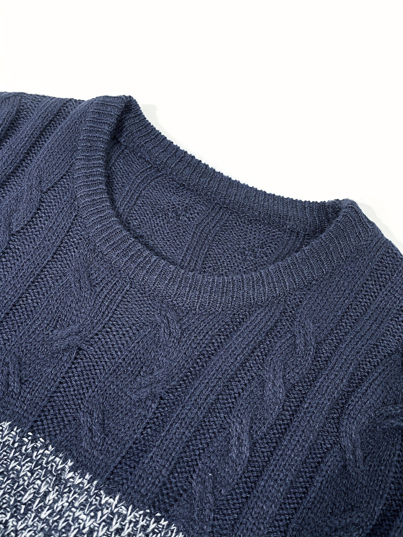 All Match Knitted Cable Sweater, Men's Casual Color Block Design Warm Slightly Stretch Crew Neck Pullover Sweater For Fall Winter - Image 6