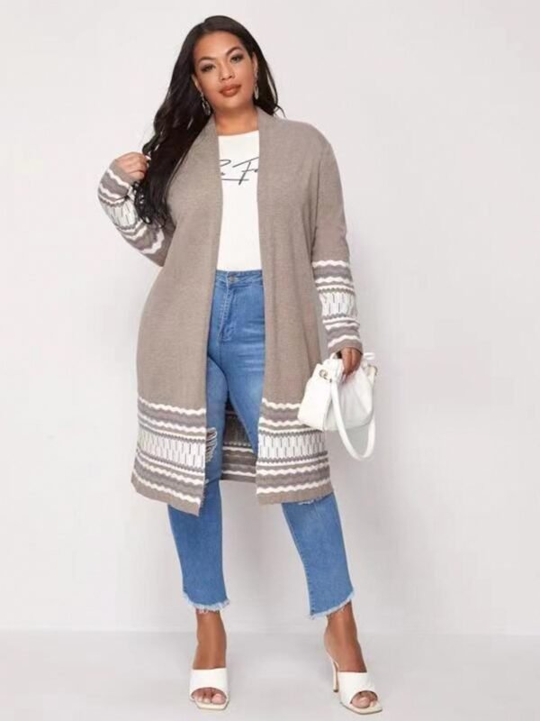 Women's Plus Size Long Casual Colorblock Knit High Stretch Sweater Cardigan - Image 3