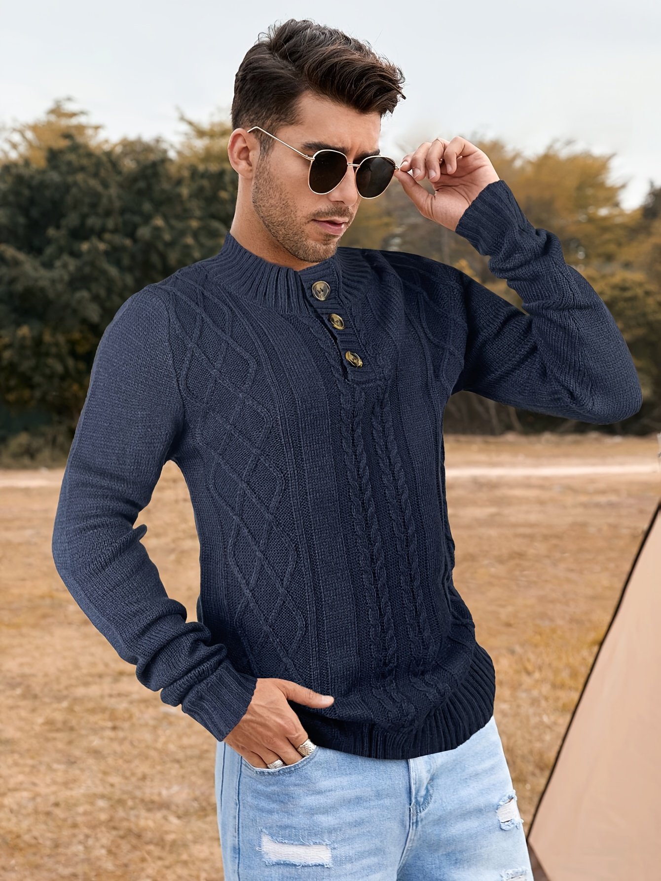 Cozy Men's Retro Long Sleeve Cable Knit Button Pullover Sweater for Winter - Image 11