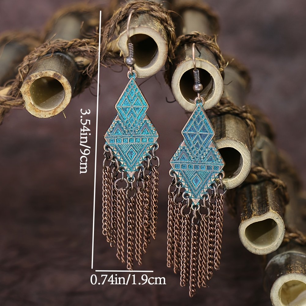1 Pair Of Retro Style Bronze And Blue Geometric Chain Tassel Long Earrings Ethnic Style - Image 14