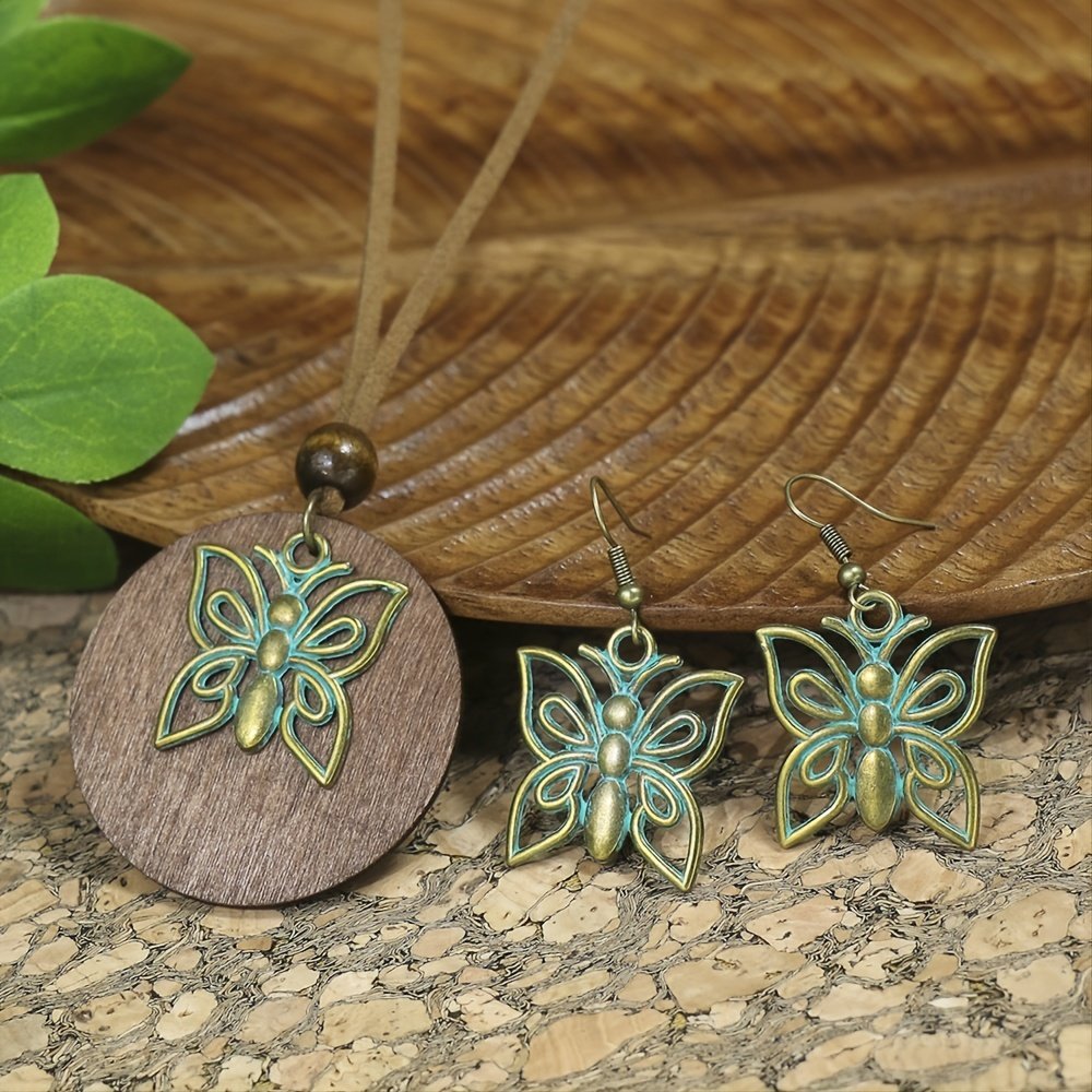 3pack Ancient Folk Wooden Round Plus Geometric Ancient Copper Layered Charm Earrings Necklace Set - Image 10