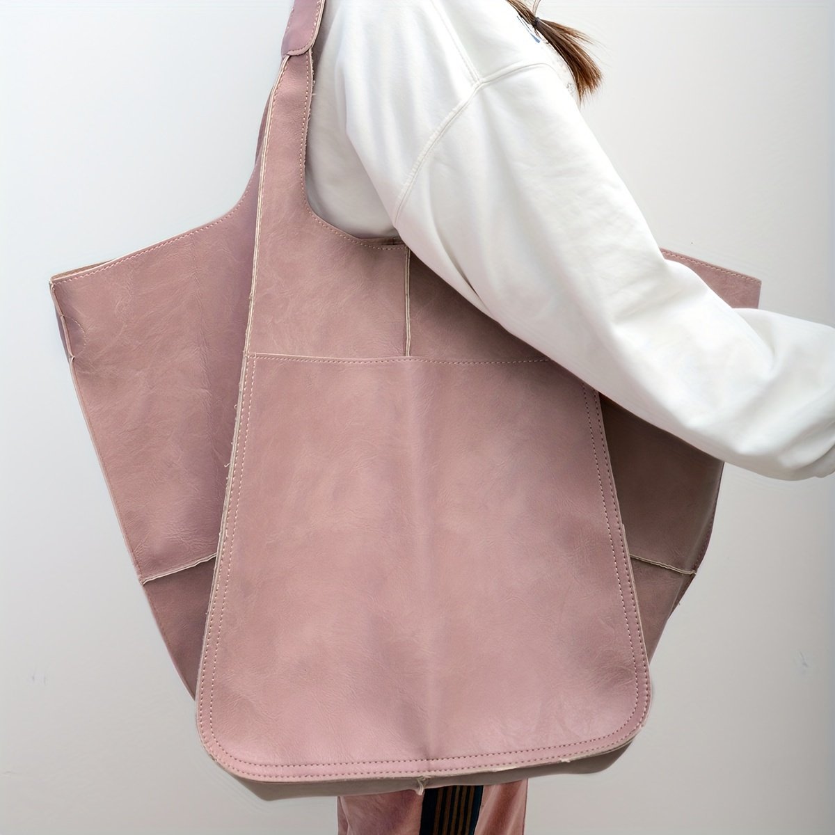 Rretro Big Tote Bag, Solid Color Large-capacity Zipper Shoulder Tote Bags, Multifunction Handbags - Image 2