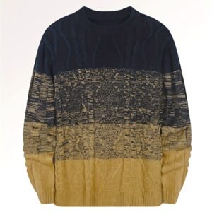 All Match Knitted Cable Sweater, Men's Casual Color Block Design Warm Slightly Stretch Crew Neck Pullover Sweater For Fall Winter