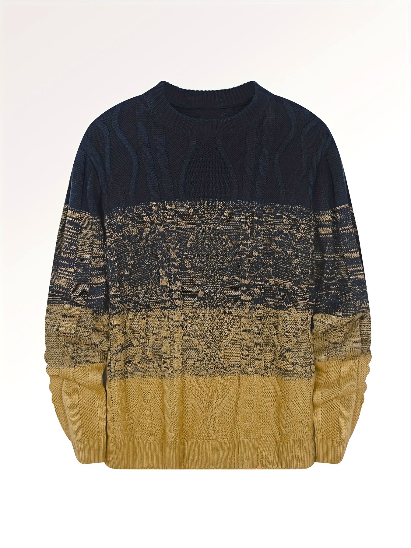 All Match Knitted Cable Sweater, Men's Casual Color Block Design Warm Slightly Stretch Crew Neck Pullover Sweater For Fall Winter