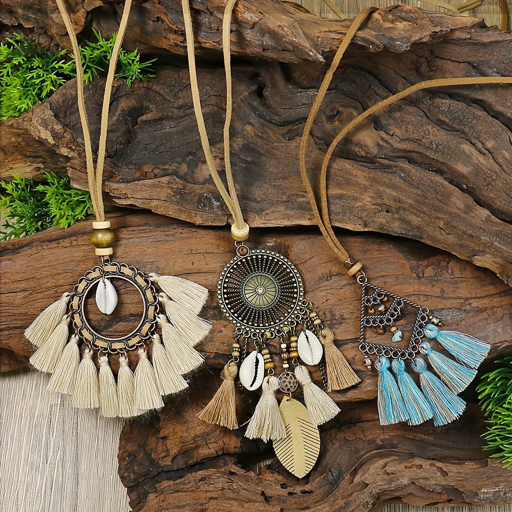 3pcs Boho Ethnic Long Sundry Colors Tassel Pendant Necklaces For Women Retro Rhinestone Drip Oil Alloy Necklace - Image 2