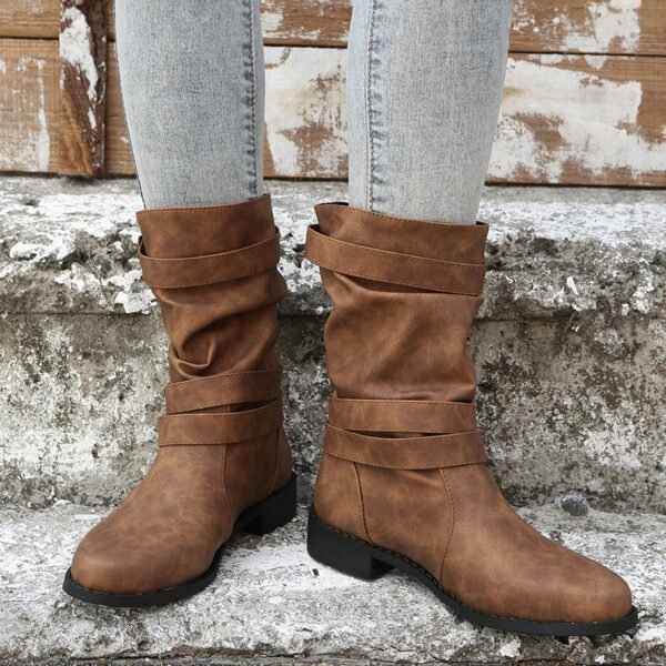 Ruched Buckle Decor Mid Calf Boots For Women, Solid Color Retro Women's Cowboy Boots, Western Short Boots - Image 4