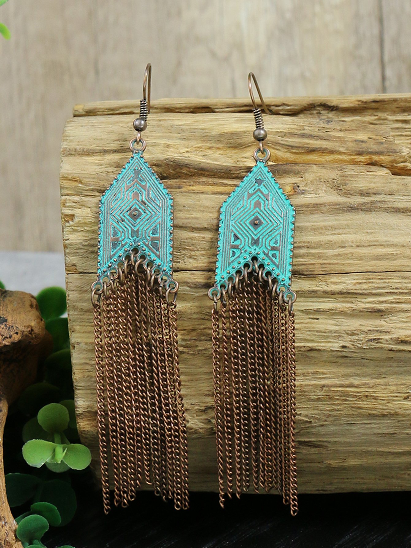 1 Pair Of Retro Style Bronze And Blue Geometric Chain Tassel Long Earrings Ethnic Style - Image 22