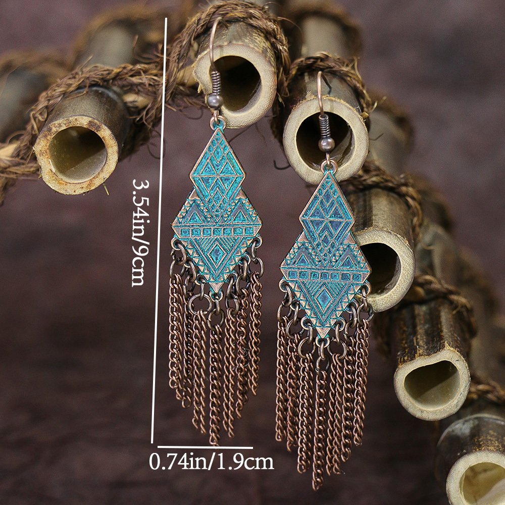 1 Pair Of Retro Style Bronze And Blue Geometric Chain Tassel Long Earrings Ethnic Style - Image 25