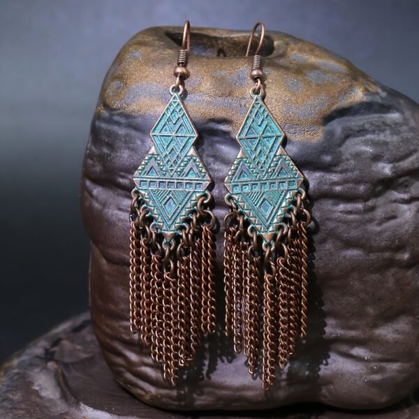 1 Pair Of Retro Style Bronze And Blue Geometric Chain Tassel Long Earrings Ethnic Style - Image 13