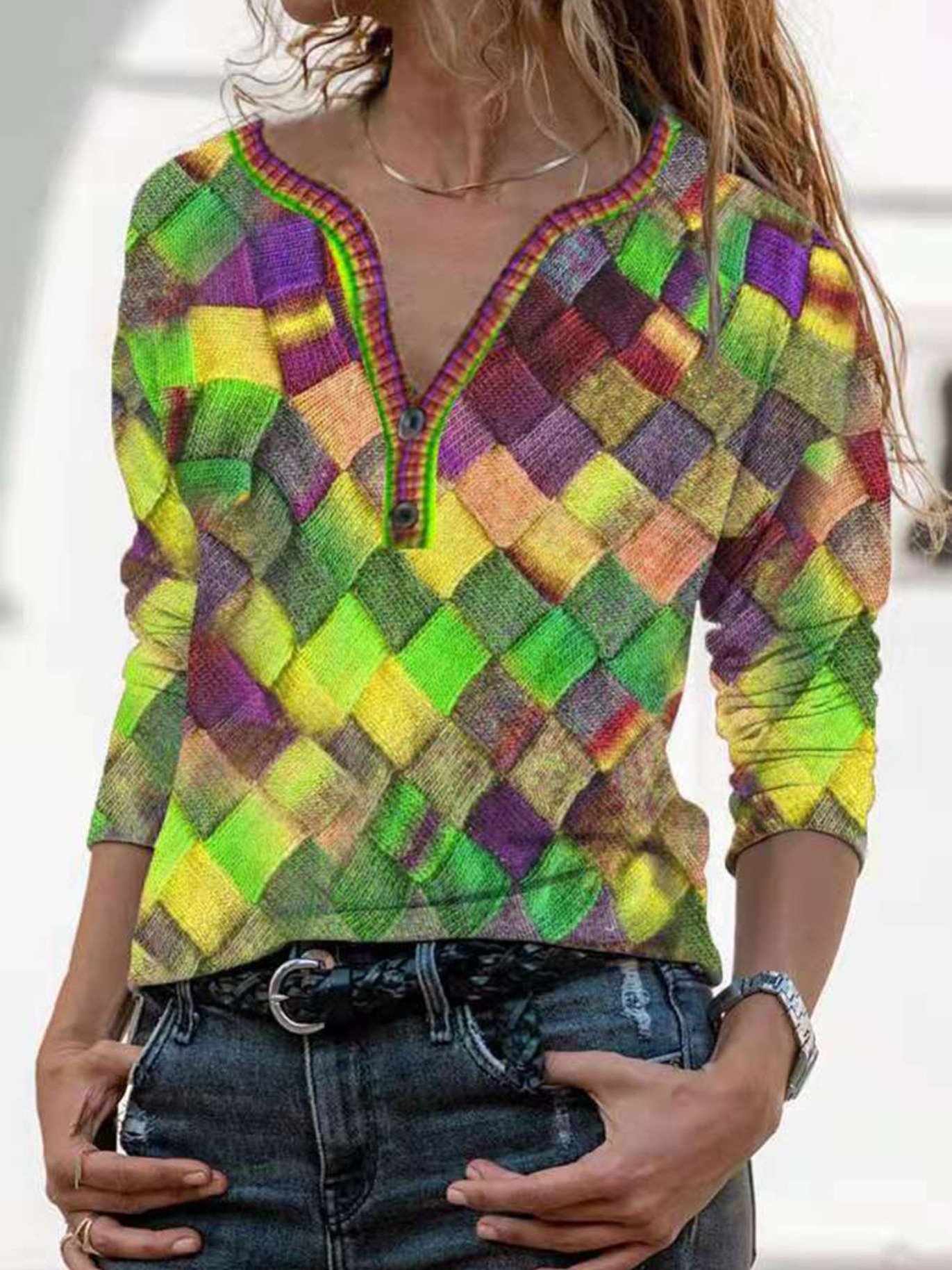 Vibrant Floral Print Long Sleeve V Neck Slim Fit T-Shirt - Soft Medium Stretch Polyester Fabric, Machine Washable, Casual Loose Style for Spring and Fall - Womens Fashion Tops - Image 3