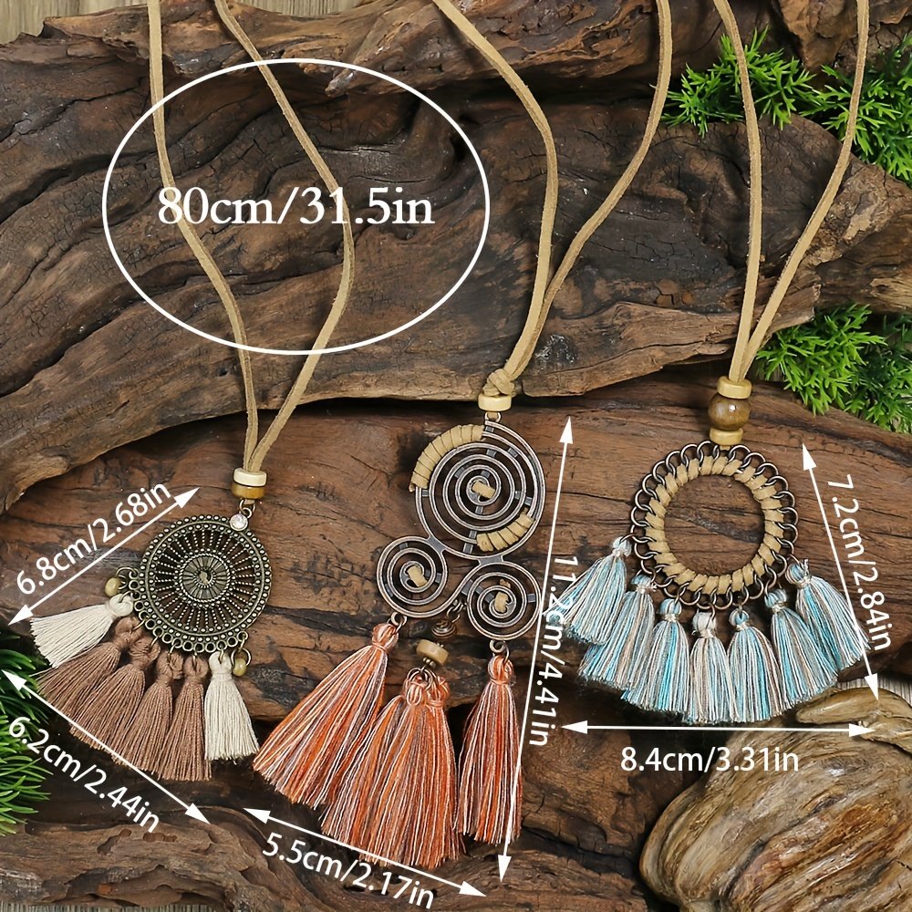3pcs Boho Ethnic Long Sundry Colors Tassel Pendant Necklaces For Women Retro Rhinestone Drip Oil Alloy Necklace - Image 9