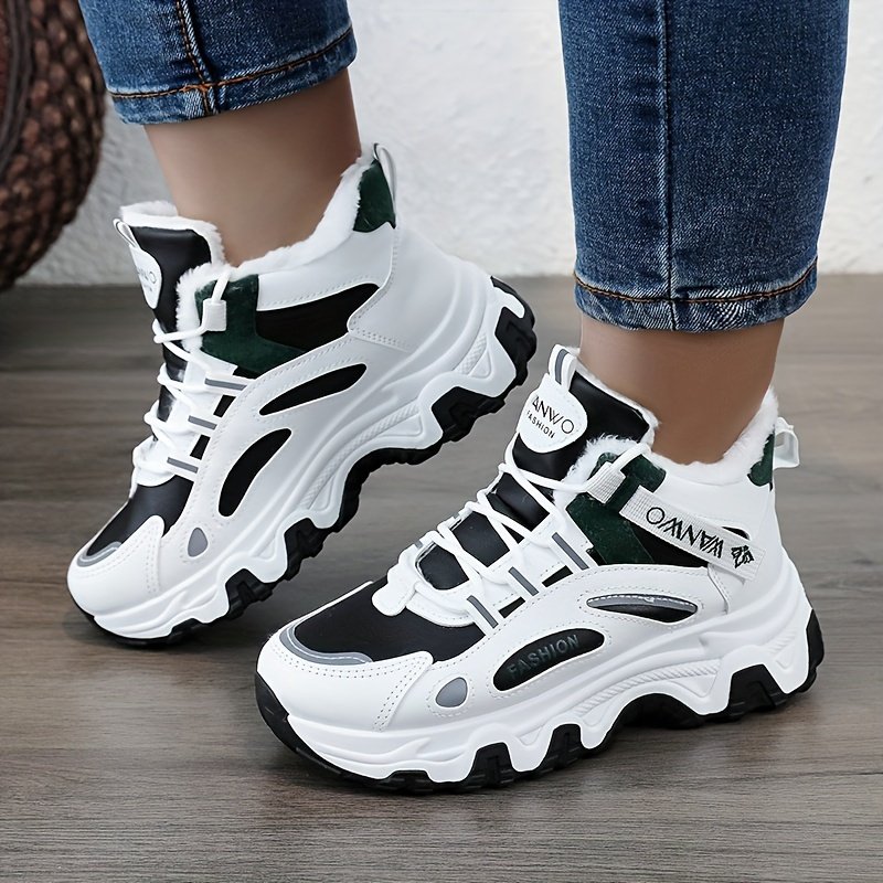 Chunky Color-block Thick Sole Sneakers - Women's Casual Plus Size Anti-slip Running Shoes with Warm Plush Lined - Image 10