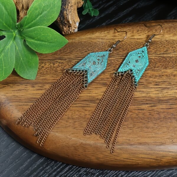 1 Pair Of Retro Style Bronze And Blue Geometric Chain Tassel Long Earrings Ethnic Style - Image 9