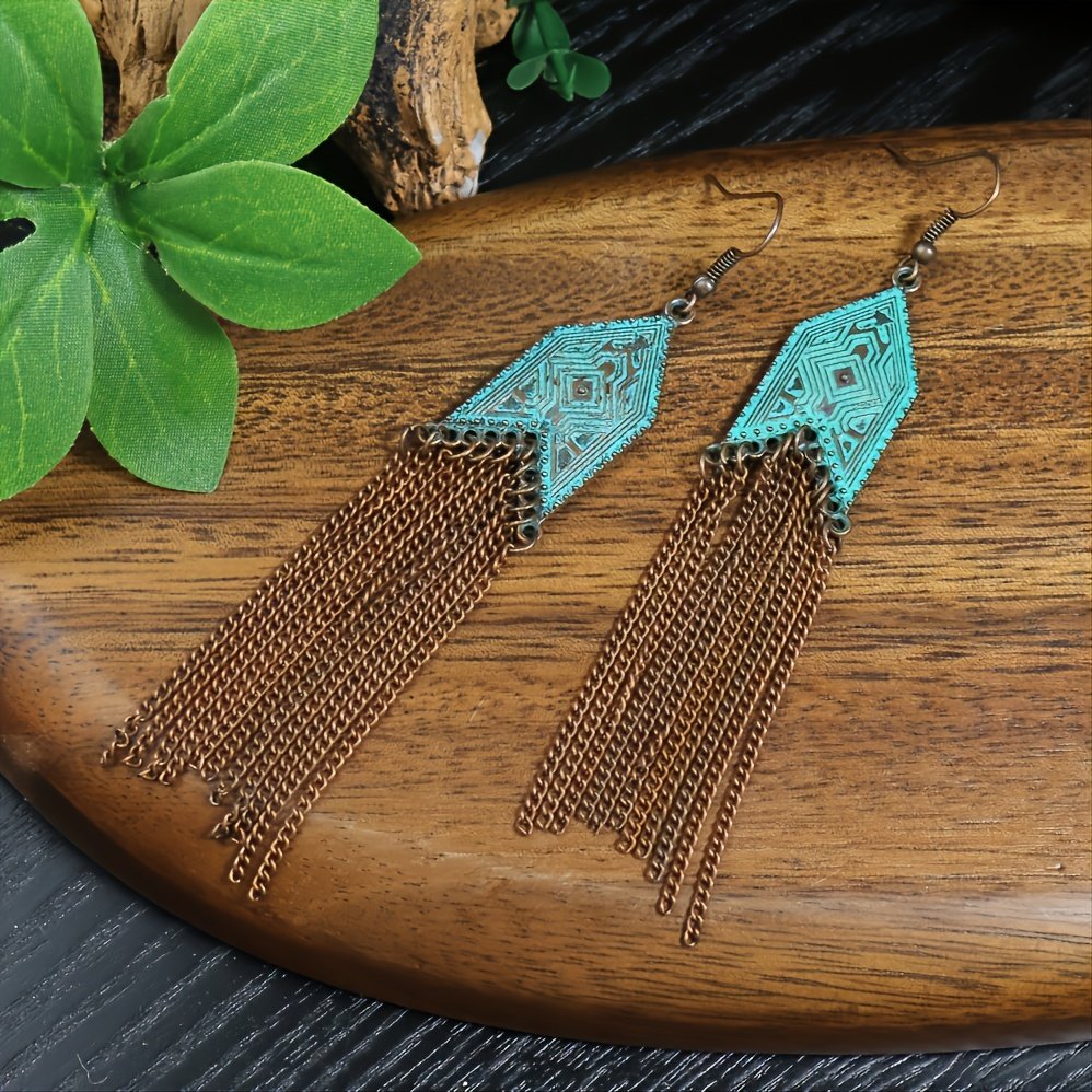 1 Pair Of Retro Style Bronze And Blue Geometric Chain Tassel Long Earrings Ethnic Style - Image 9