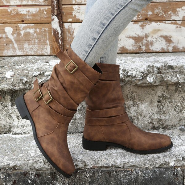 Ruched Buckle Decor Mid Calf Boots For Women, Solid Color Retro Women's Cowboy Boots, Western Short Boots - Image 17
