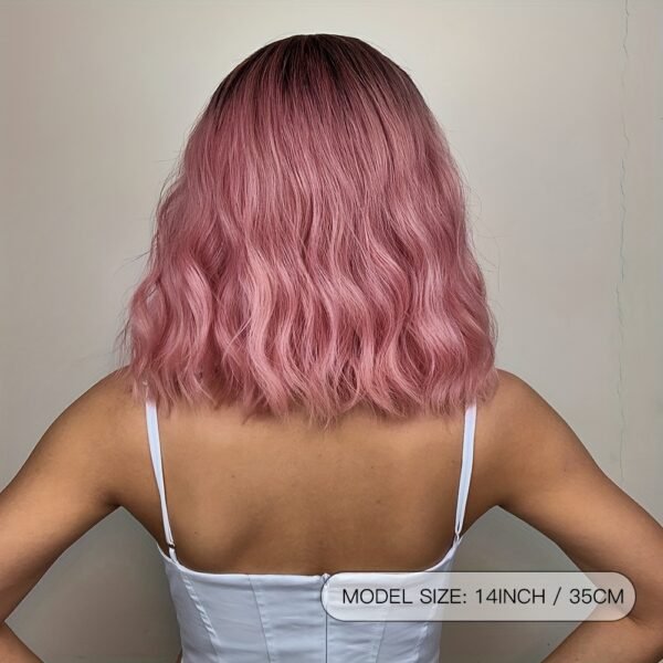 [Short Heat Resistant Curly Wigs] Gradient Pink Bob Wigs For Women Curly Wavy Wigs With Bangs Short Heat Resistant Synthetic Wigs For Party Costume Daily Wear Colorful Wigs Music Festival - Image 2