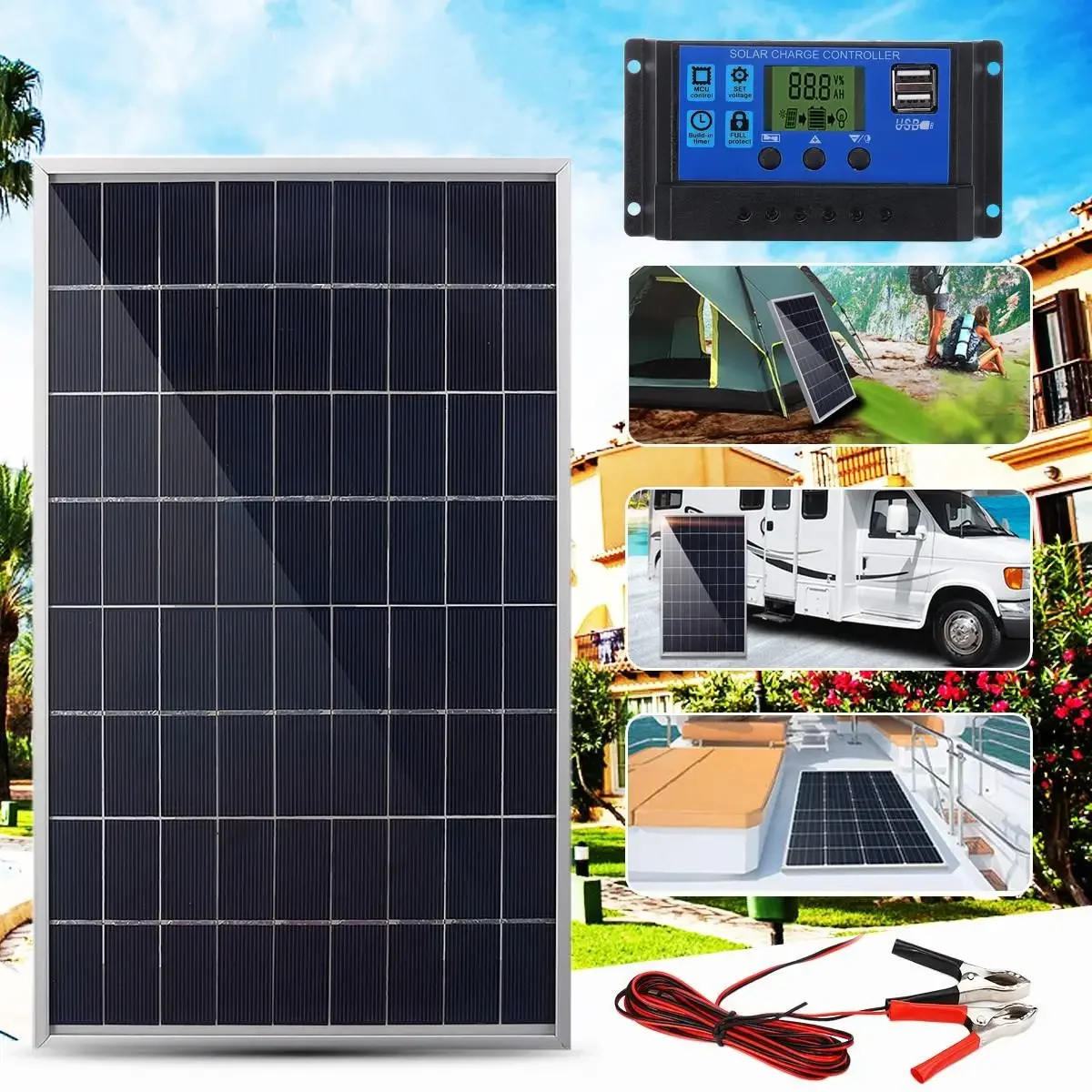 300W 12V Solar Panel Kit Complete Polycrystalline USB Power Portable Outdoor Rechargeable Solar Cell Solar Generator for Home - Image 10