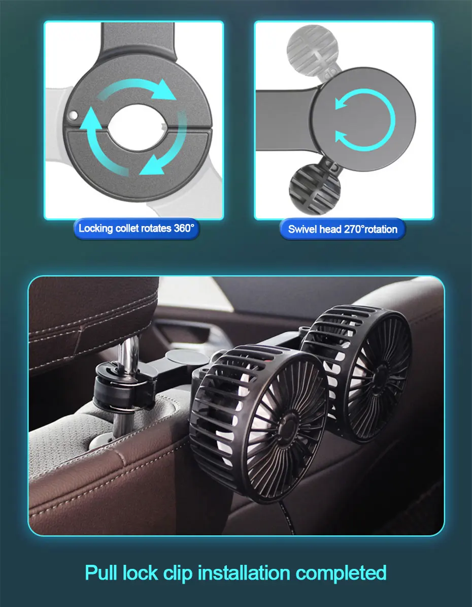 SEAMETAL 3-speed Car Seat Back Cooling Fan USB Charge Dual Head Fan 360 Degree Rotation Neck Cooler for Summer Car Accessories - Image 11