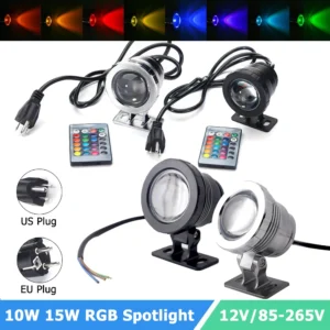 Waterproof RGB LED Spotlight 10W 15W Underwater LED Floodlight for Fountain Pool Aquarium 85-265V EU/US Plug Outdoor Garden Lamp