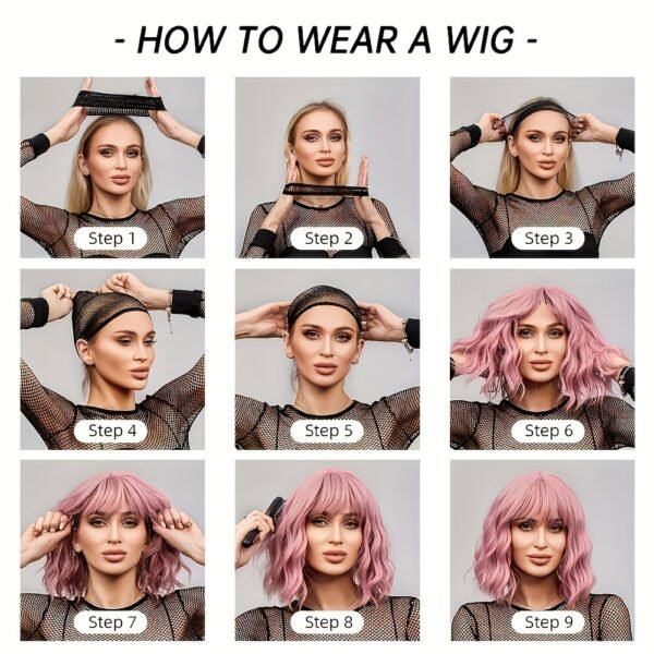 [Short Heat Resistant Curly Wigs] Gradient Pink Bob Wigs For Women Curly Wavy Wigs With Bangs Short Heat Resistant Synthetic Wigs For Party Costume Daily Wear Colorful Wigs Music Festival - Image 7
