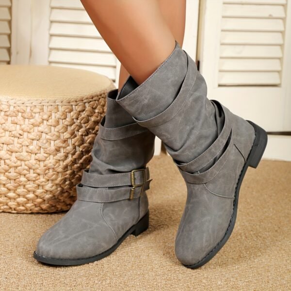 Ruched Buckle Decor Mid Calf Boots For Women, Solid Color Retro Women's Cowboy Boots, Western Short Boots - Image 7