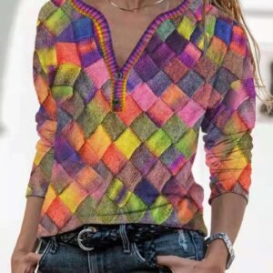 Vibrant Floral Print Long Sleeve V Neck Slim Fit T-Shirt - Soft Medium Stretch Polyester Fabric, Machine Washable, Casual Loose Style for Spring and Fall - Womens Fashion Tops