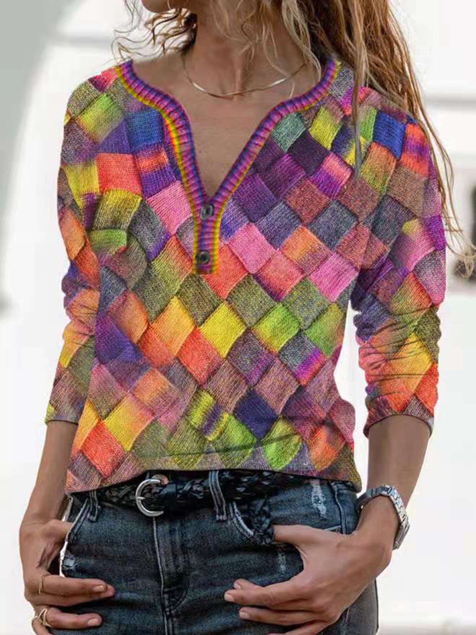 Vibrant Floral Print Long Sleeve V Neck Slim Fit T-Shirt - Soft Medium Stretch Polyester Fabric, Machine Washable, Casual Loose Style for Spring and Fall - Womens Fashion Tops