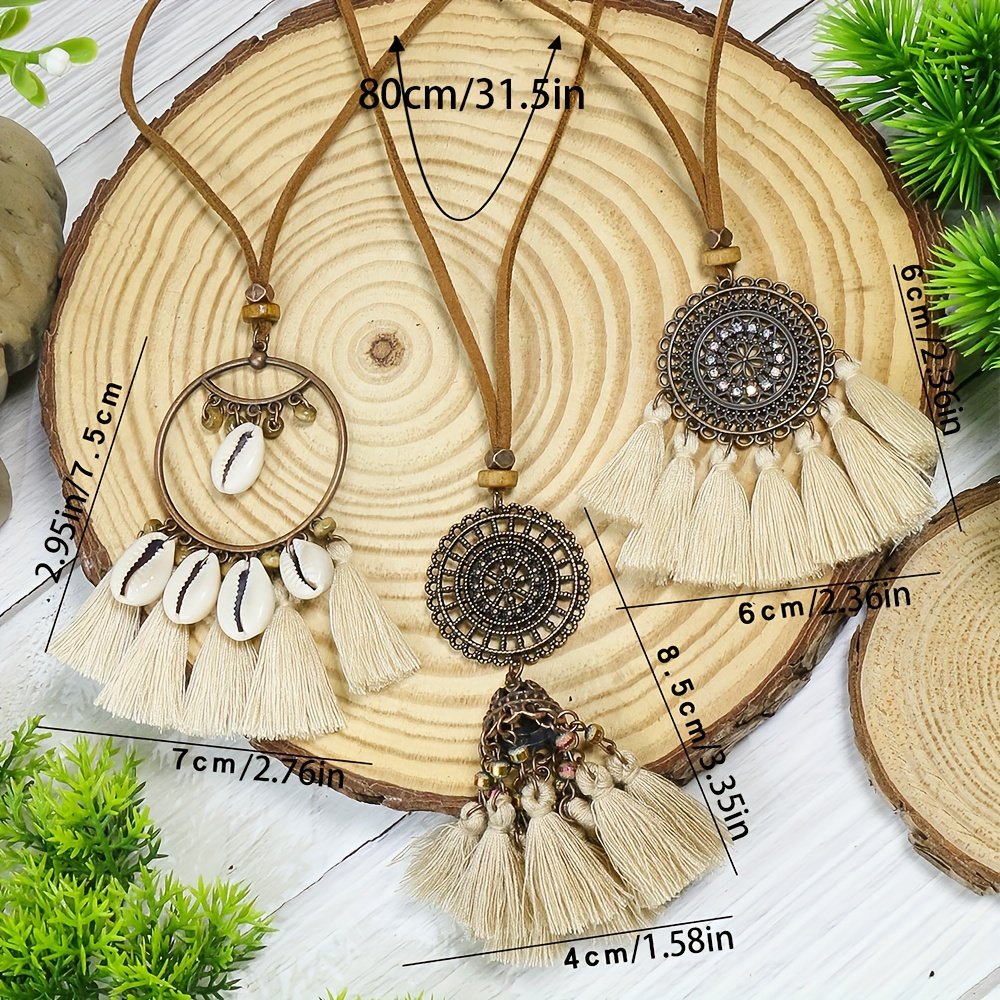 3pcs Boho Ethnic Long Sundry Colors Tassel Pendant Necklaces For Women Retro Rhinestone Drip Oil Alloy Necklace - Image 13